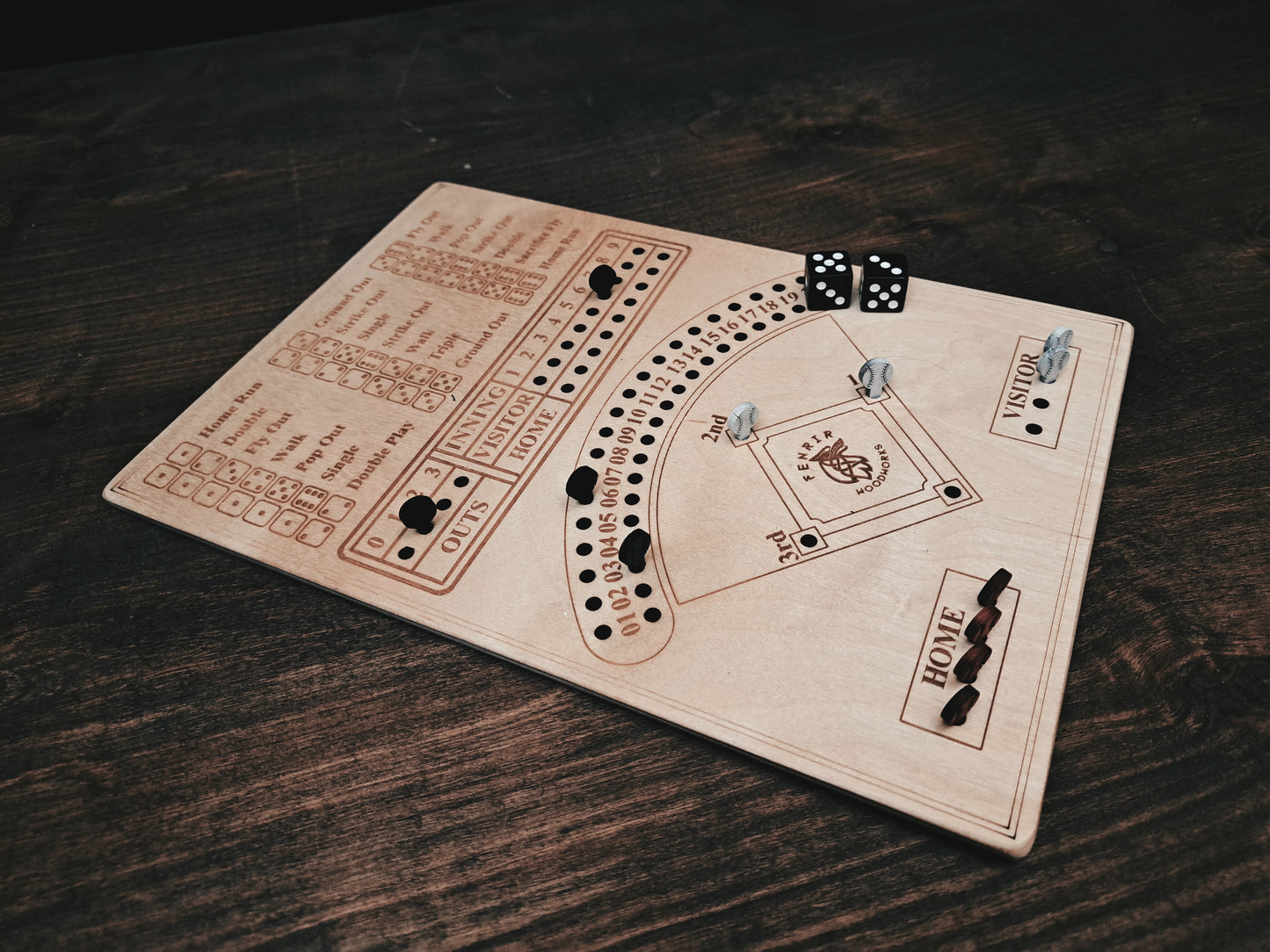 Fenrir Woodworks Wooden Baseball Board Game with Dice